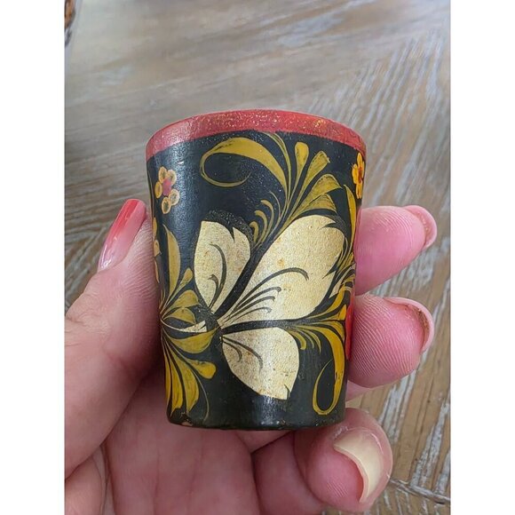 Vintage Hand-Painted Floral Wooden Shot Glasses Set Of 3 - Picture 12 of 16